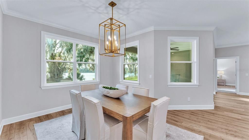 Dining room, Interior, Pendant Lights, Wood Texture Flooring