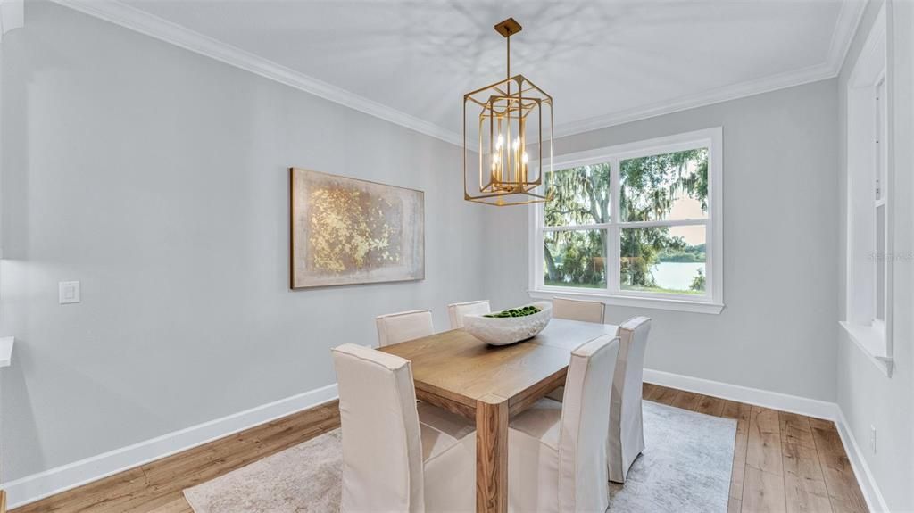 Dining room, Interior, Pendant Lights, Wood Texture Flooring
