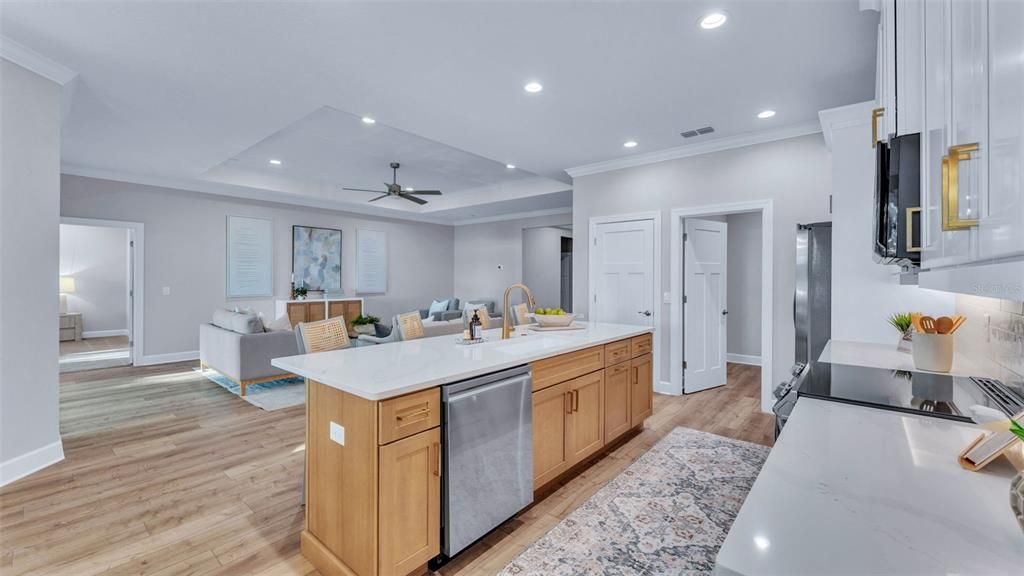 Interior, Kitchen, Living room, Recessed Lighting, Wood Texture Flooring