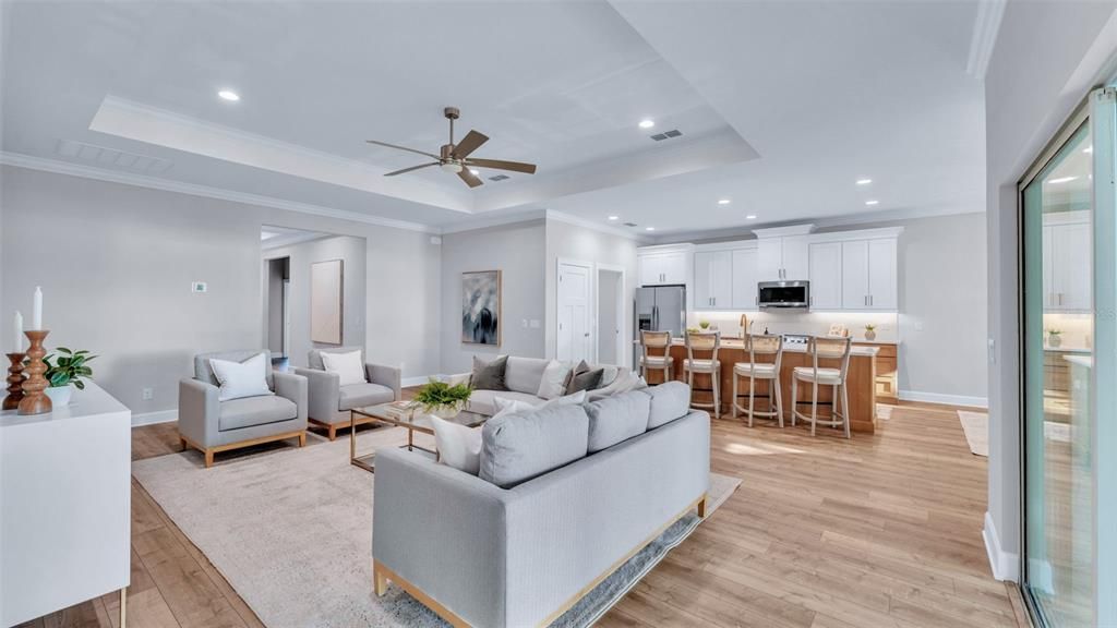 Dining room, Interior, Kitchen, Living room, Recessed Lighting, Wood Texture Flooring