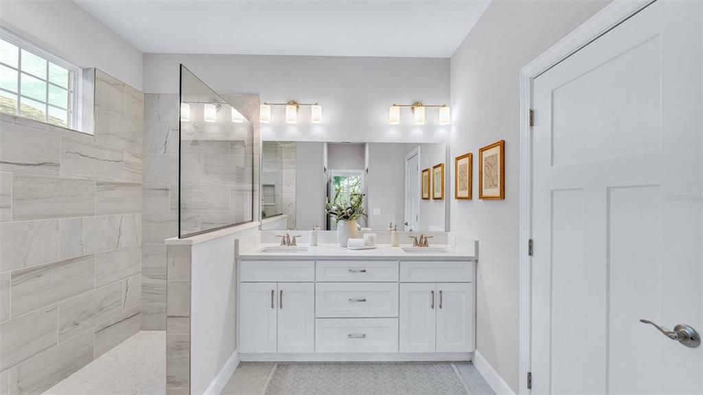 Bathroom, Dual Sink Vanities, Glass Shower, Interior, Marble Walls