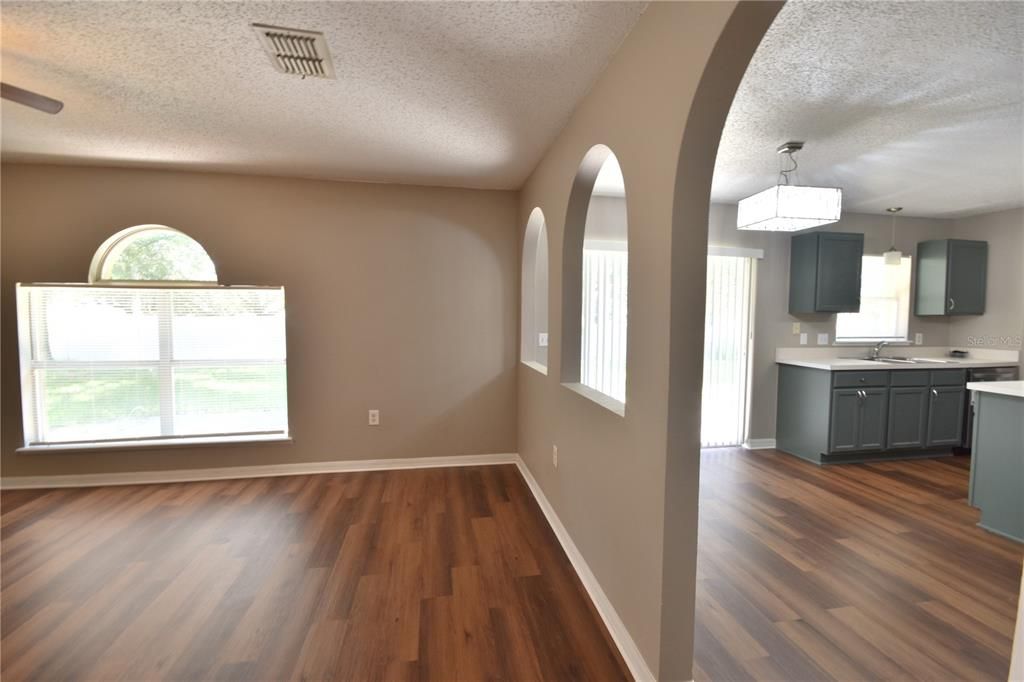 Empty room, Interior, Kitchen, Pendant Lights, Wood Texture Flooring