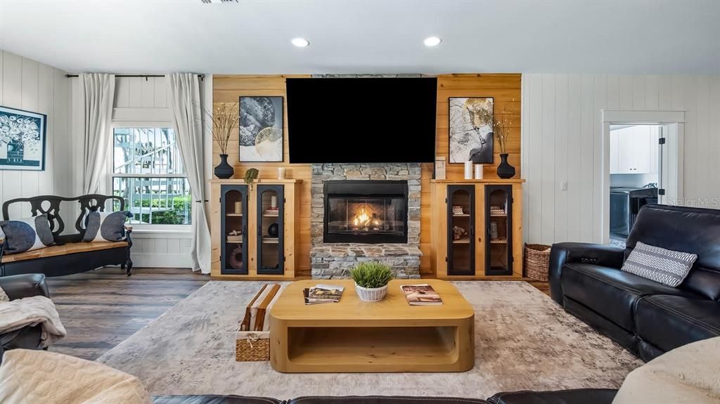 Fireplace, Interior, Living room, Recessed Lighting, Wood Texture Flooring