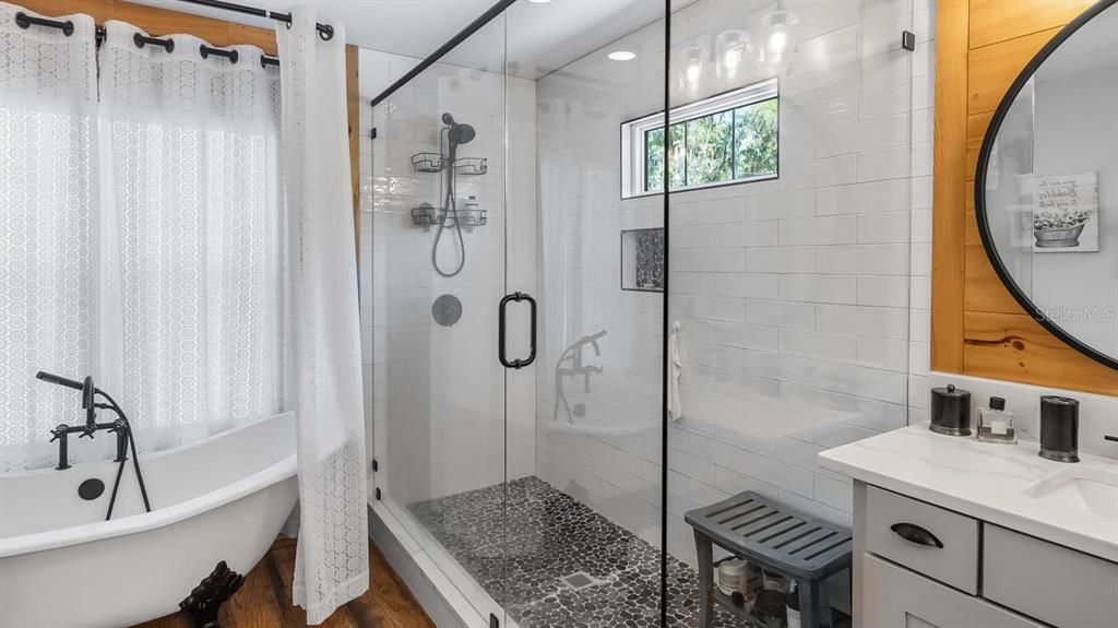 Bathroom, Glass Shower, Interior, Recessed Lighting, Wood Texture Flooring