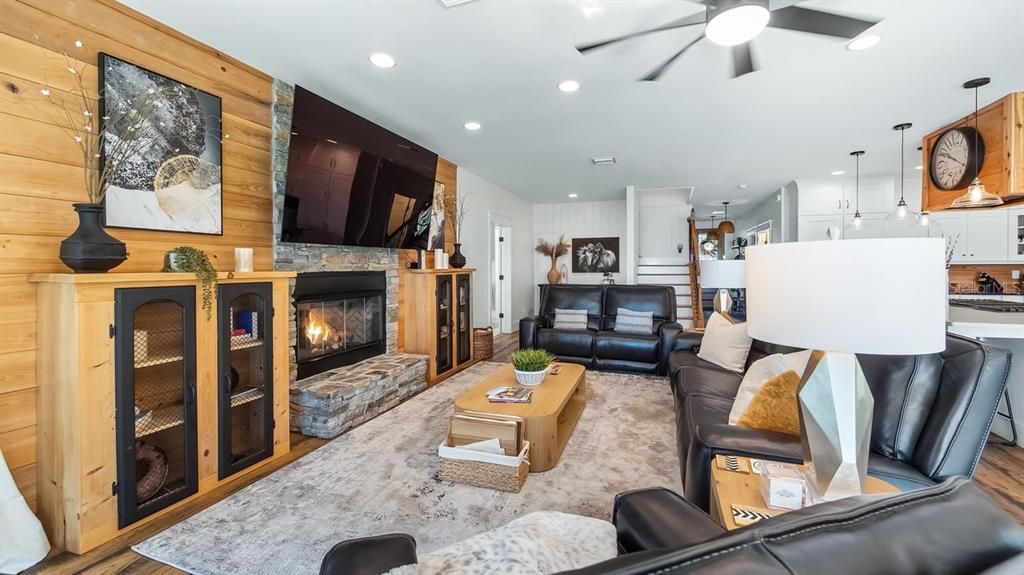 Fireplace, Interior, Kitchen, Living room, Pendant Lights, Recessed Lighting, Wooden Walls