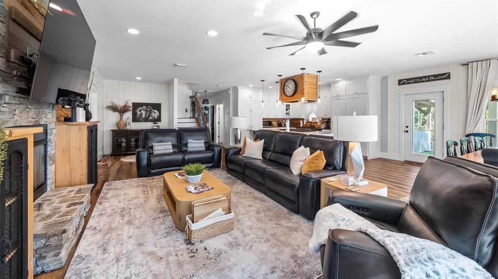 Fireplace, Interior, Kitchen, Living room, Pendant Lights, Recessed Lighting, Stone Walls, Wood Texture Flooring