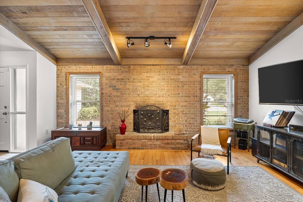 Fireplace, Interior, Stone Walls, Wooden Ceilings, Wood Texture Flooring