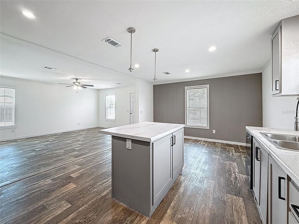 Interior, Kitchen, Pendant Lights, Recessed Lighting, Wood Texture Flooring