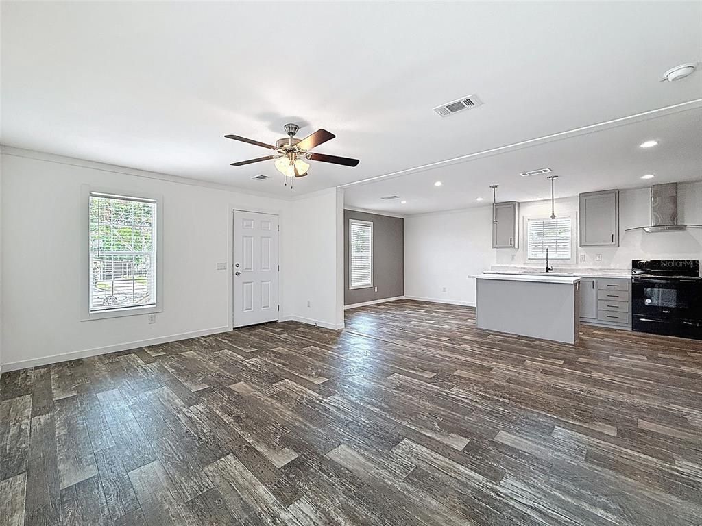 Empty room, Interior, Kitchen, Pendant Lights, Recessed Lighting, Wood Texture Flooring