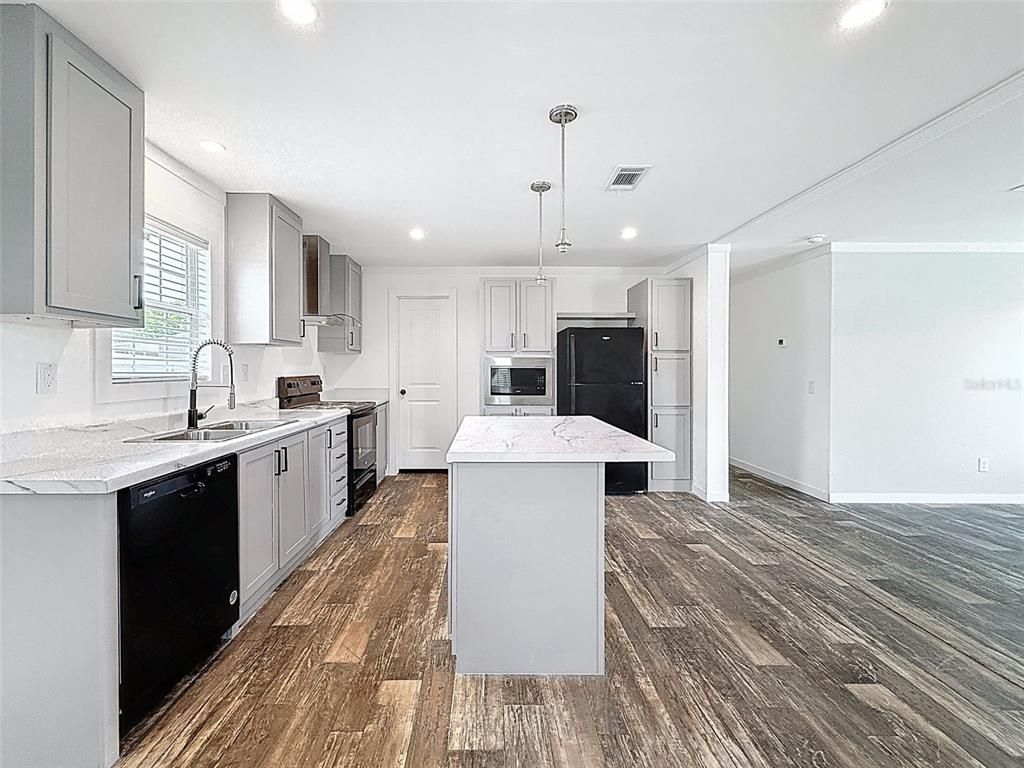Interior, Kitchen, Pendant Lights, Recessed Lighting, Wood Texture Flooring