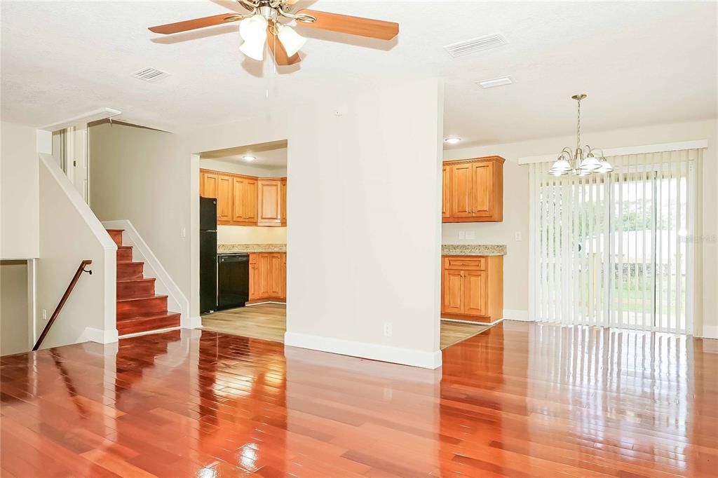 Chandelier, Empty room, Interior, Kitchen, Recessed Lighting, Wood Texture Flooring