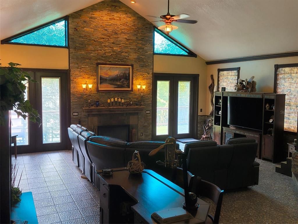 Fireplace, Interior, Living room, Recessed Lighting, Stone Walls