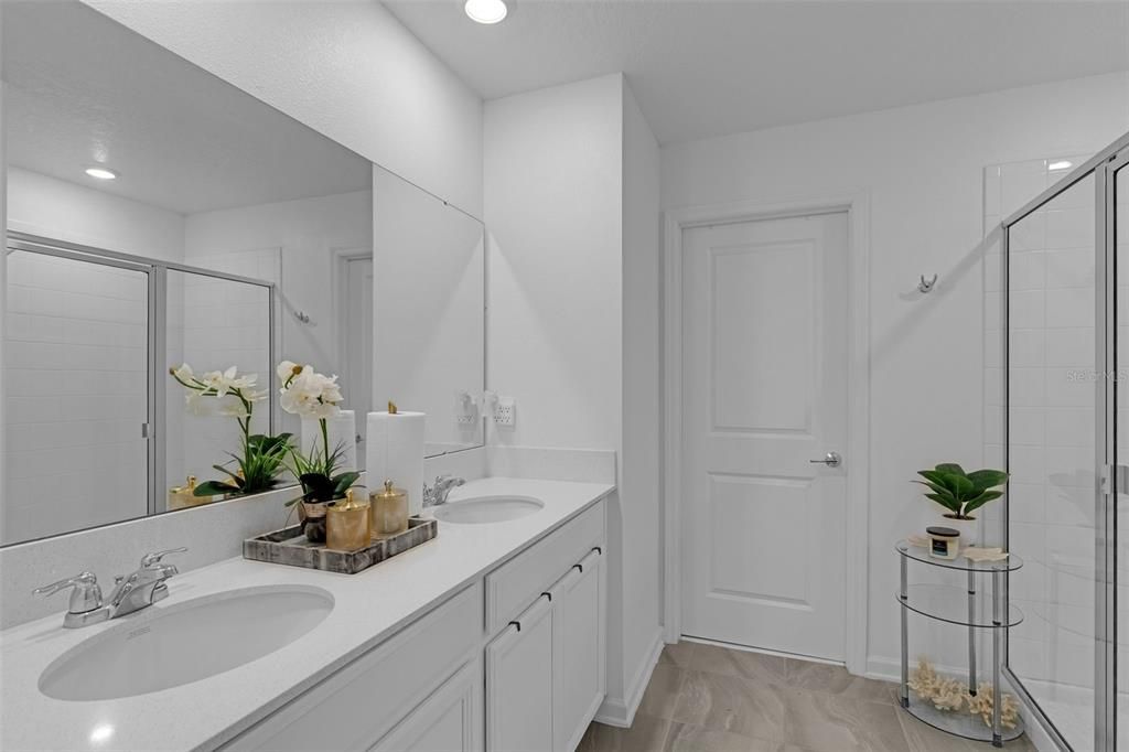 Bathroom, Dual Sink Vanities, Glass Shower, Interior, Recessed Lighting