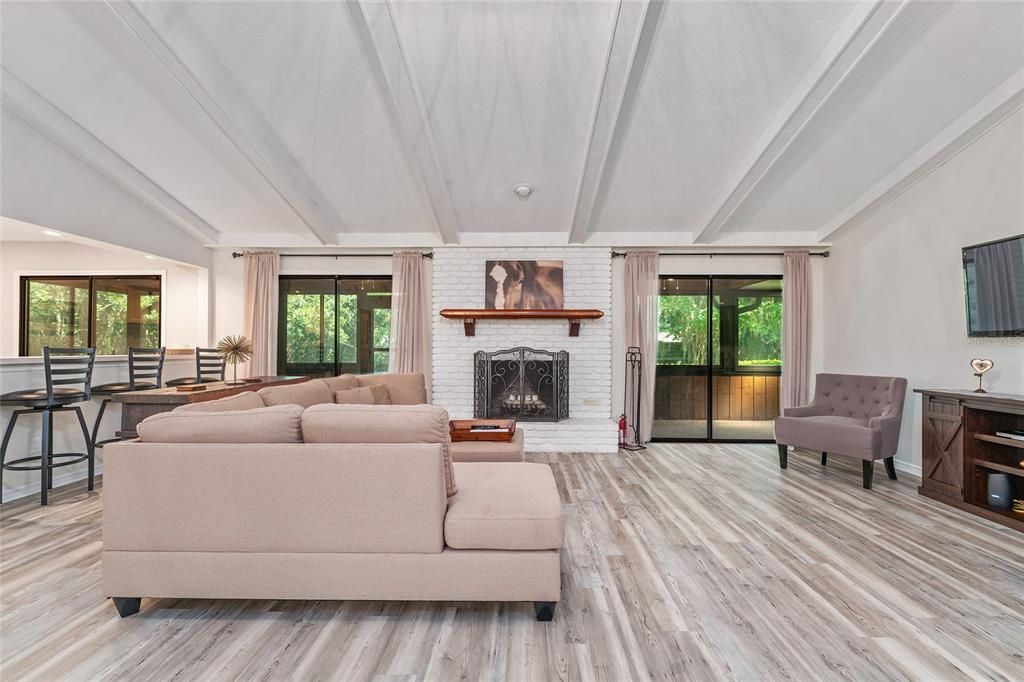 Fireplace, Interior, Living room, Stone Walls, Wood Texture Flooring
