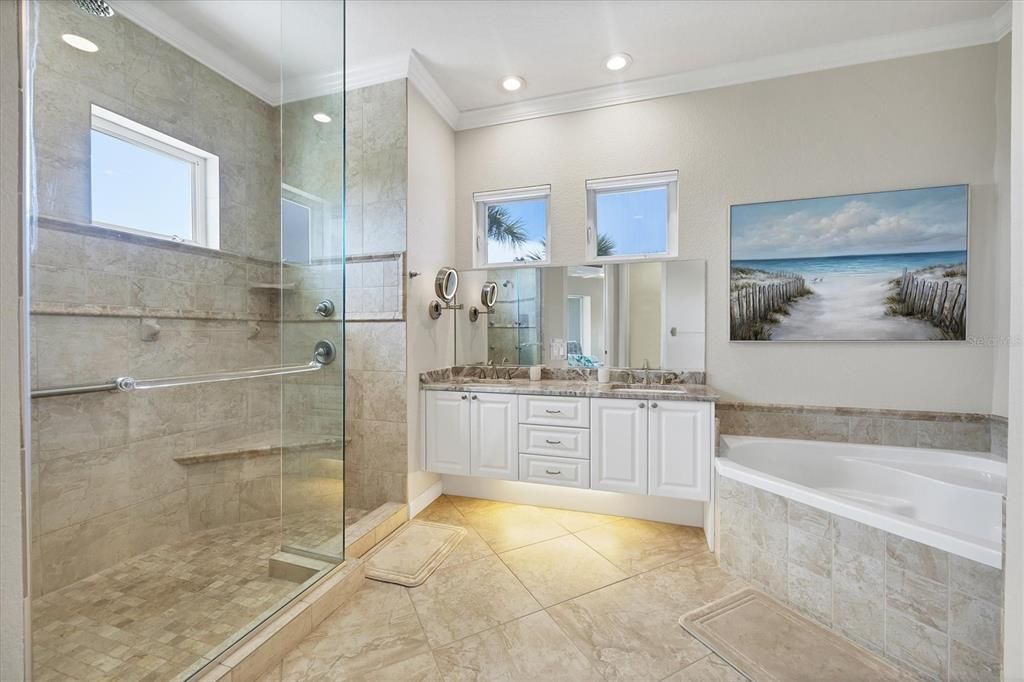 Bathroom, Dual Sink Vanities, Glass Shower, Interior, Recessed Lighting
