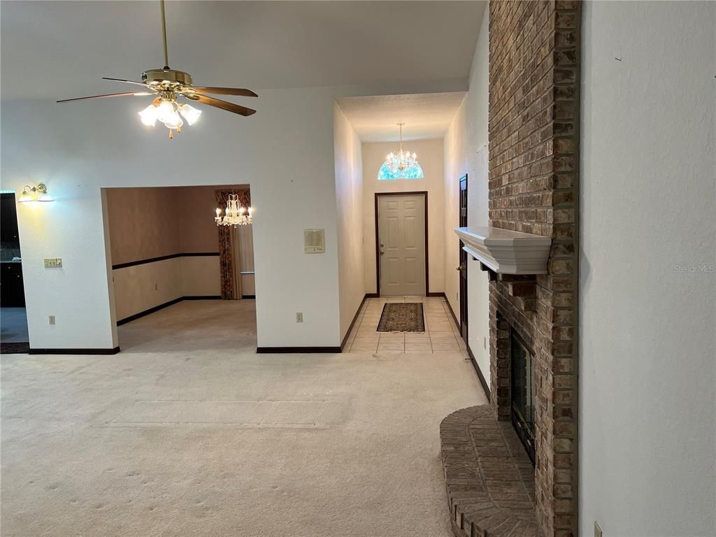 Chandelier, Empty room, Fireplace, Interior, Stone Walls