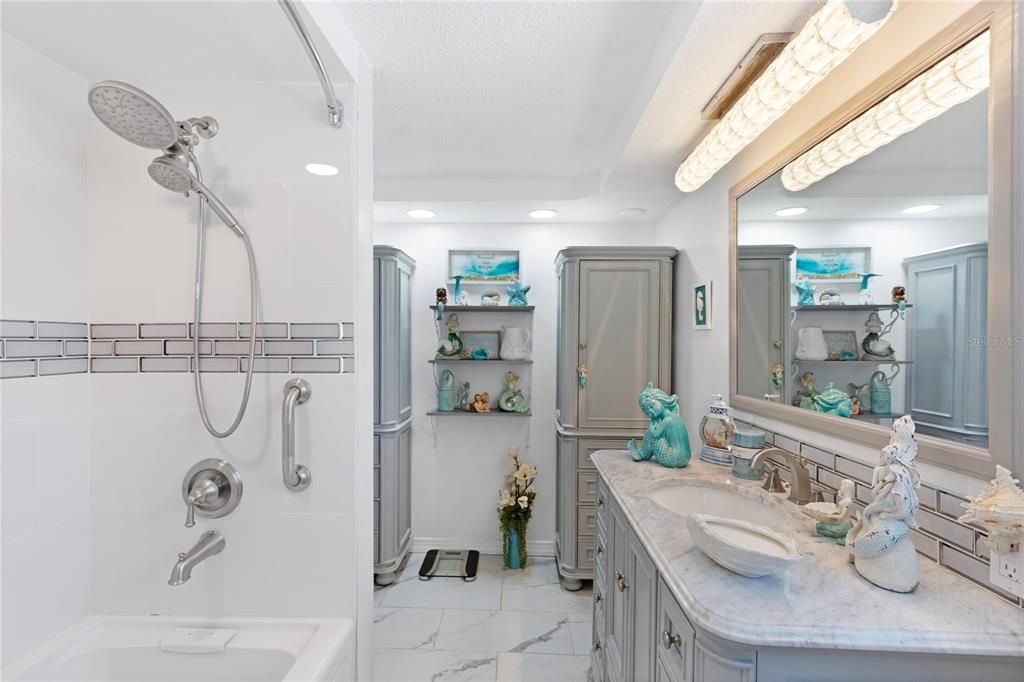 Bathroom, Dual Sink Vanities, Interior, Marble, Recessed Lighting