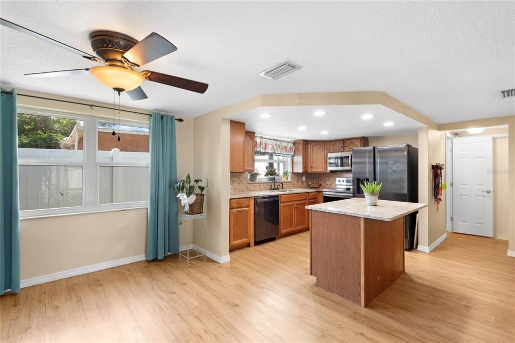 Interior, Kitchen, Recessed Lighting, Stainless Steel Appliances, Wood Texture Flooring