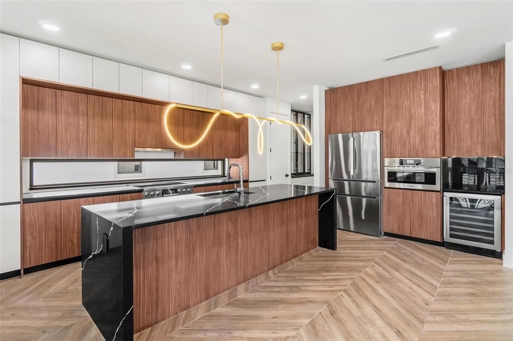 Interior, Kitchen, Pendant Lights, Recessed Lighting, Stainless Steel Appliances, Wood Texture Flooring