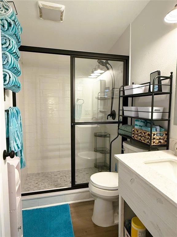 Bathroom, Glass Shower, Interior, Wood Texture Flooring