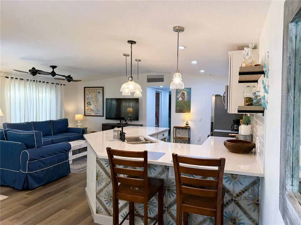 Interior, Kitchen, Living room, Pendant Lights, Recessed Lighting, Wood Texture Flooring