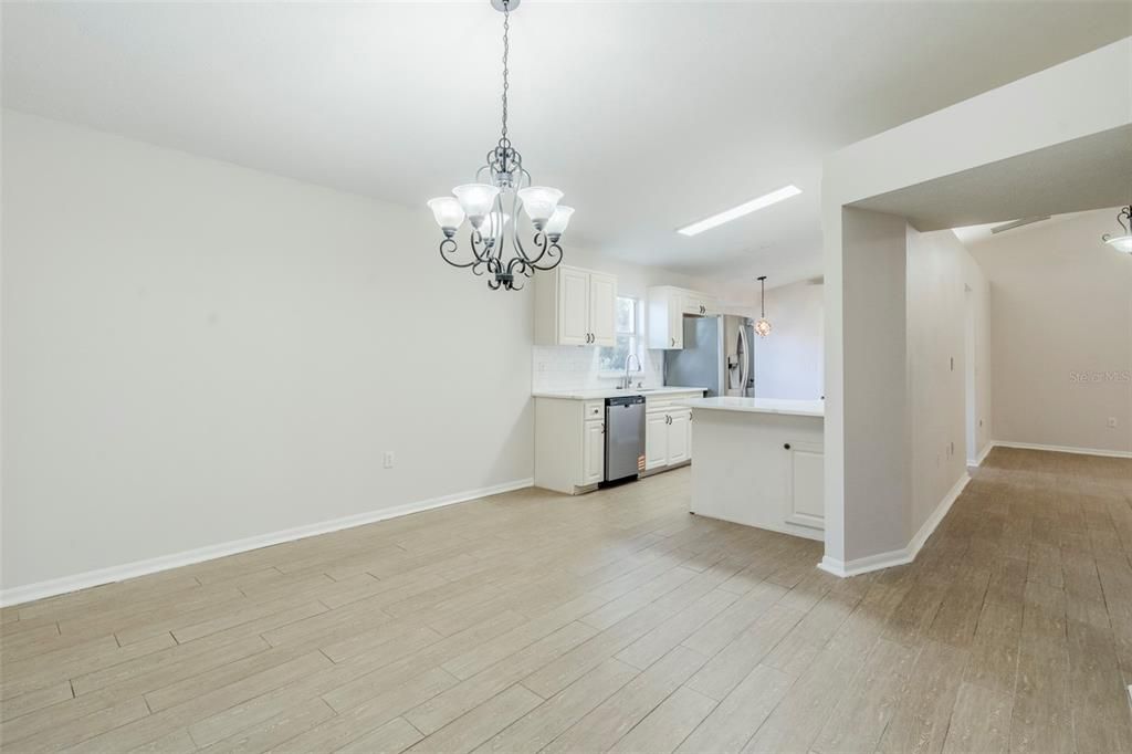 Chandelier, Interior, Kitchen, Recessed Lighting, Wood Texture Flooring