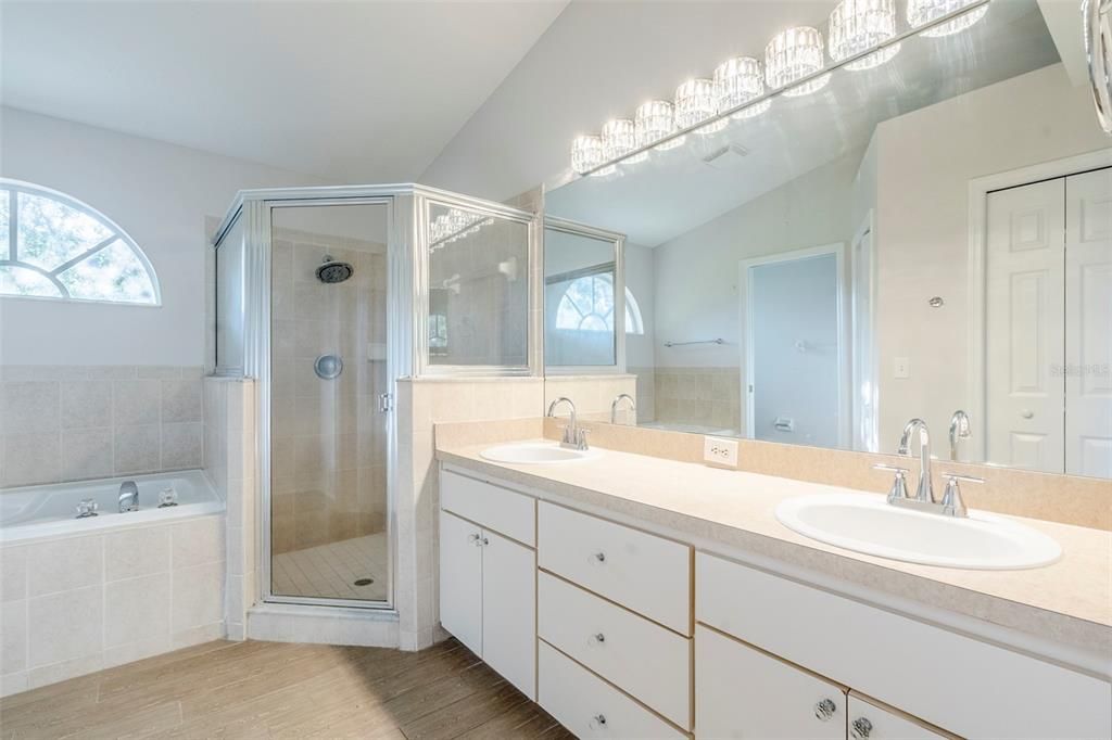 Bathroom, Dual Sink Vanities, Glass Shower, Interior, Wood Texture Flooring