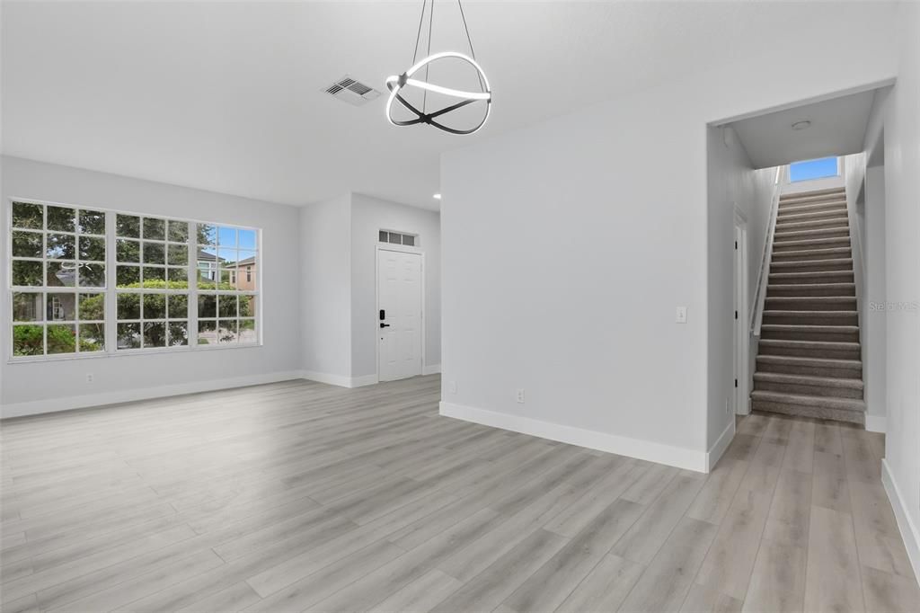 Empty room, Interior, Pendant Lights, Recessed Lighting, Wood Texture Flooring