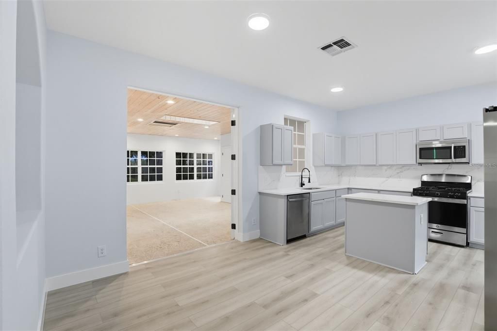 Interior, Kitchen, Recessed Lighting, Stainless Steel Appliances, Wooden Ceilings, Wood Texture Flooring