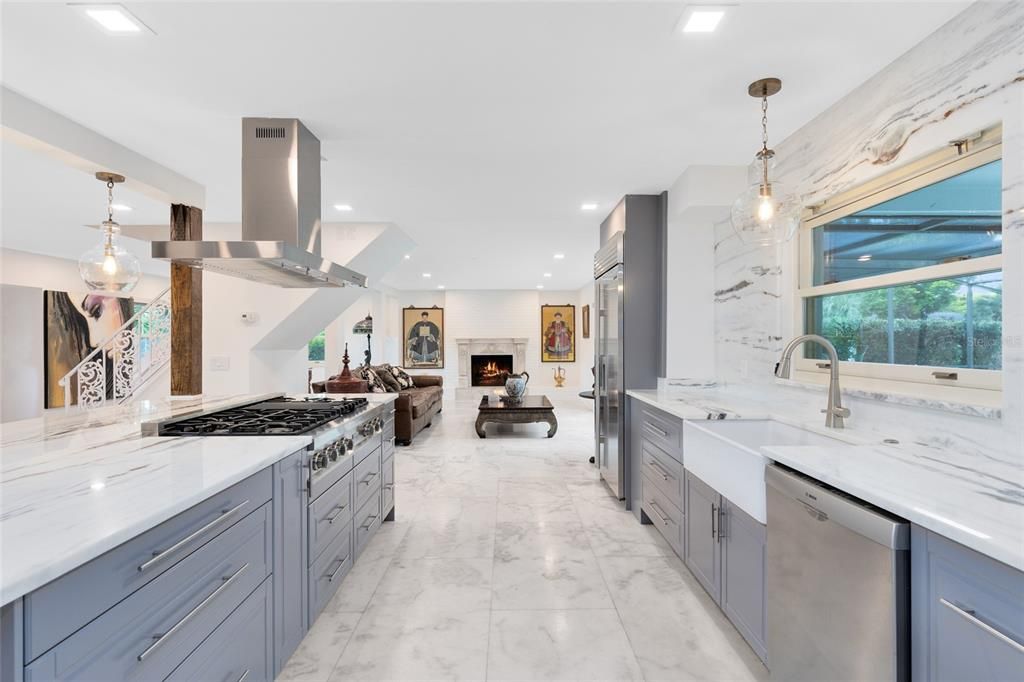 Fireplace, Interior, Kitchen, Living room, Marble, Pendant Lights, Recessed Lighting, Stainless Steel Appliances