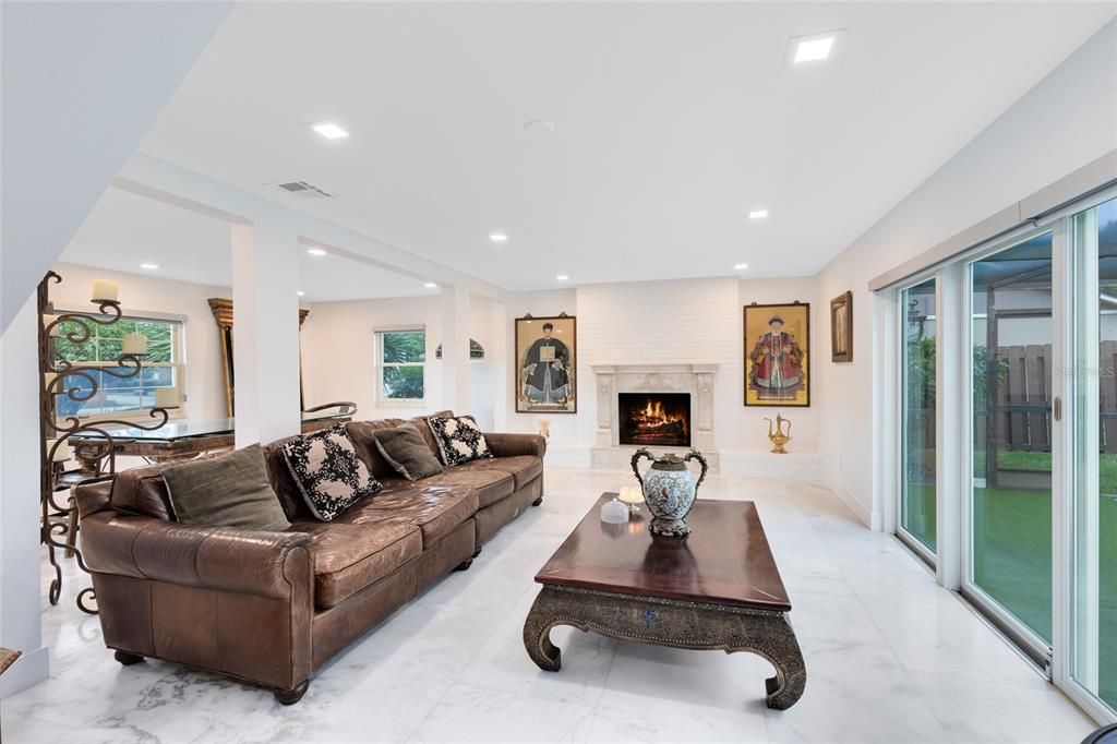 Fireplace, Interior, Living room, Marble, Recessed Lighting