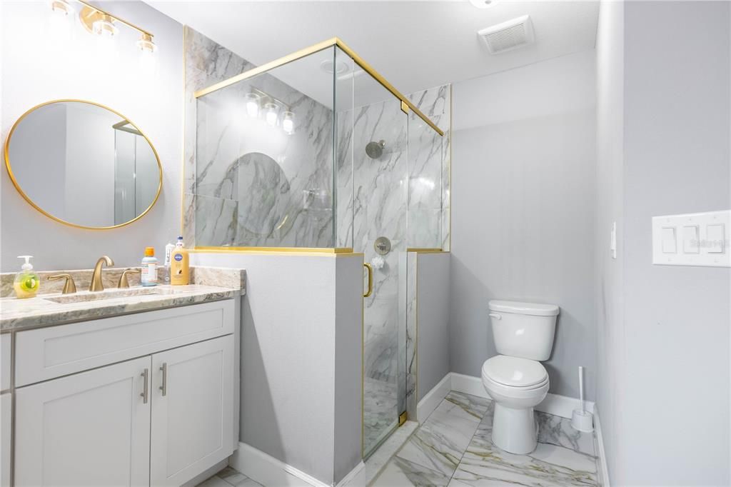 Bathroom, Glass Shower, Interior, Marble, Marble Walls
