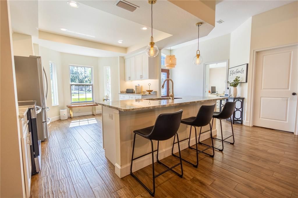 Interior, Kitchen, Pendant Lights, Recessed Lighting, Wood Texture Flooring