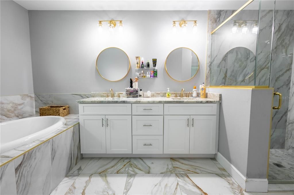 Bathroom, Dual Sink Vanities, Interior, Marble, Marble Walls