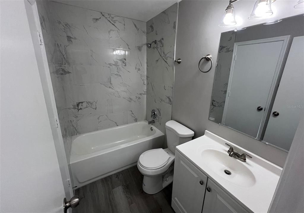 Bathroom, Interior, Marble Walls, Wood Texture Flooring