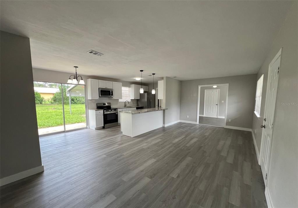 Interior, Kitchen, Pendant Lights, Stainless Steel Appliances, Wood Texture Flooring