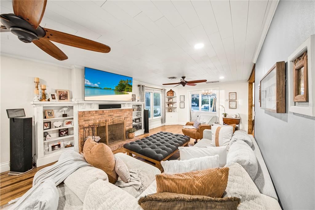 Fireplace, Interior, Living room, Recessed Lighting, Wood Texture Flooring