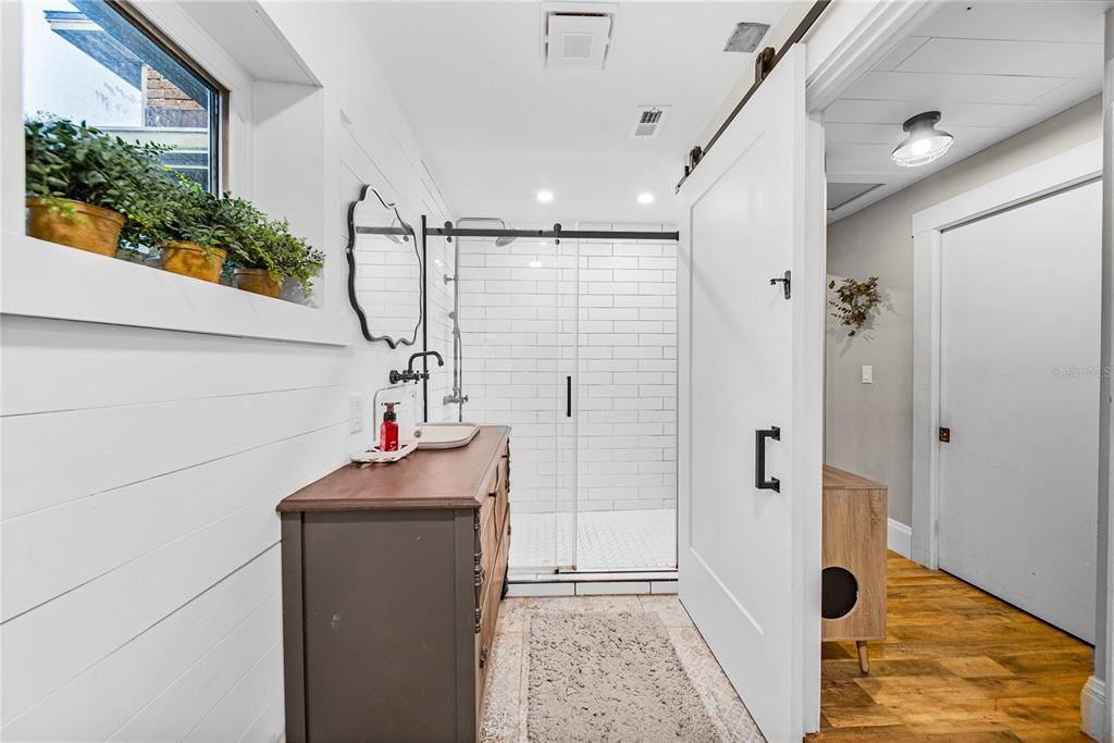 Bathroom, Glass Shower, Interior, Recessed Lighting, Wood Texture Flooring