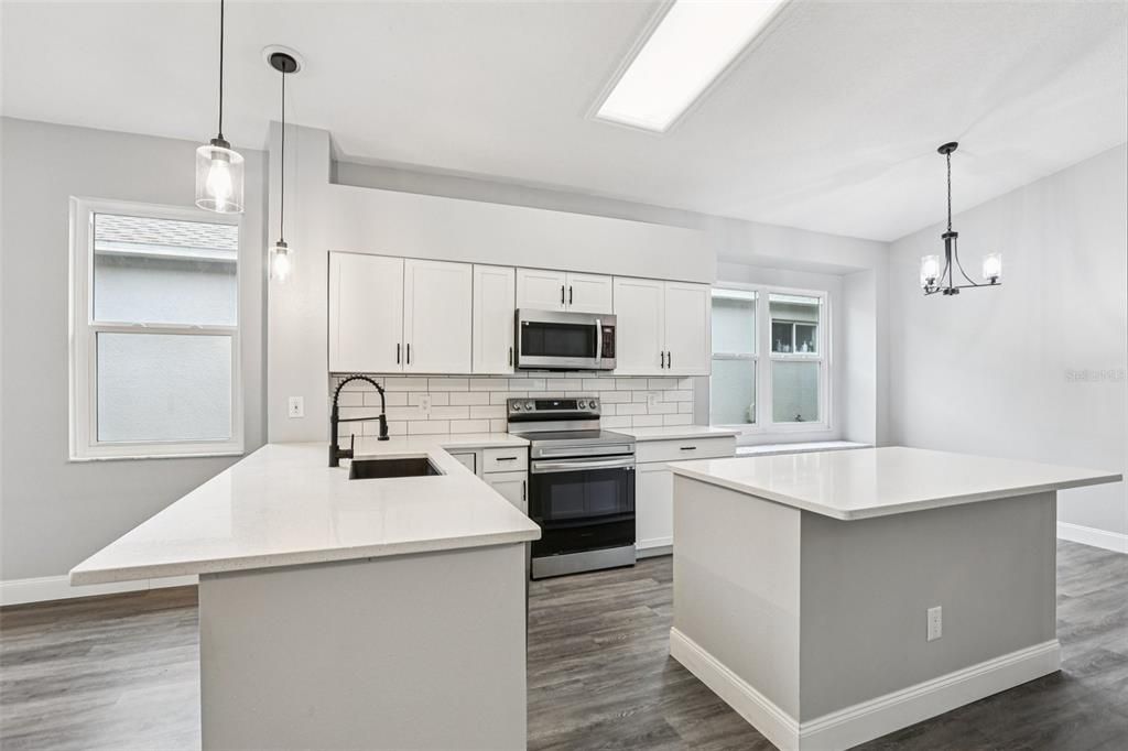 Interior, Kitchen, Pendant Lights, Stainless Steel Appliances, Wood Texture Flooring