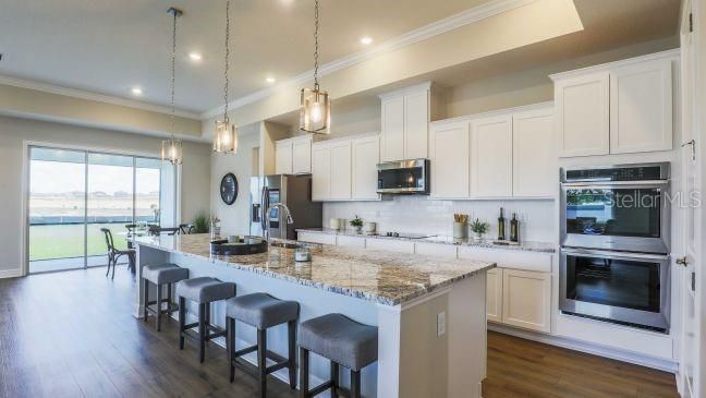 Interior, Kitchen, Pendant Lights, Recessed Lighting, Stainless Steel Appliances, Water, Wood Texture Flooring