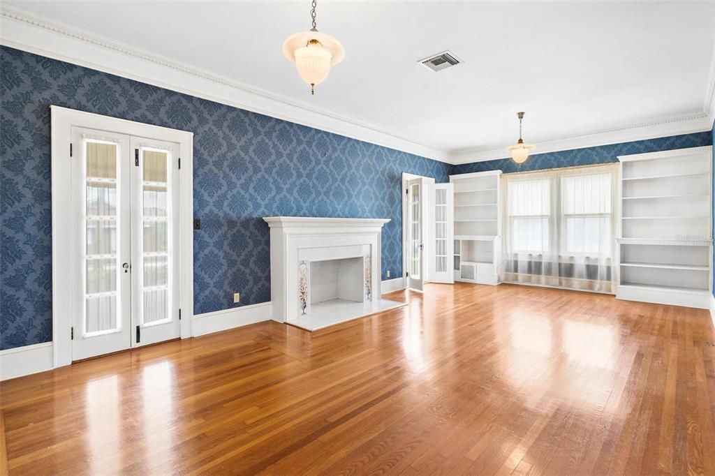 Empty room, Fireplace, Interior, Pendant Lights, Wood Texture Flooring