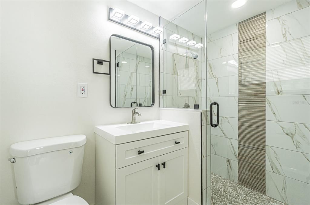 Bathroom, Glass Shower, Interior, Marble Walls, Recessed Lighting