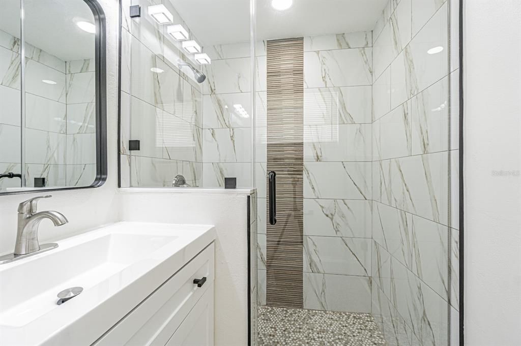 Bathroom, Glass Shower, Interior, Marble Walls, Recessed Lighting