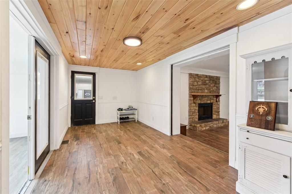 Fireplace, Interior, Recessed Lighting, Wooden Ceilings, Wood Texture Flooring
