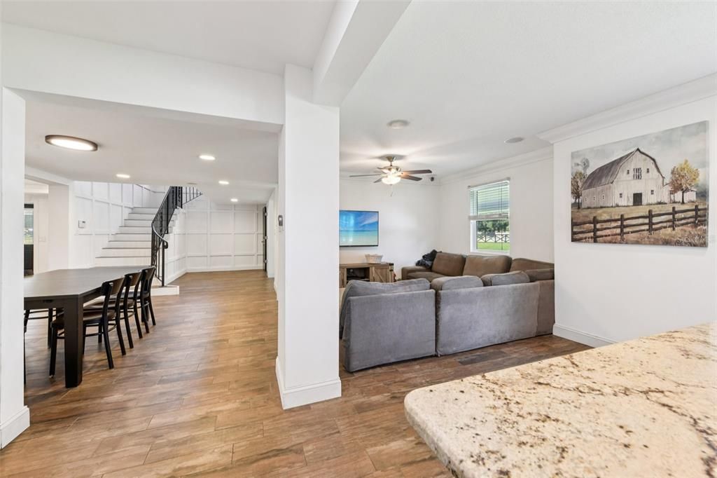Dining room, Interior, Living room, Recessed Lighting, Wood Texture Flooring