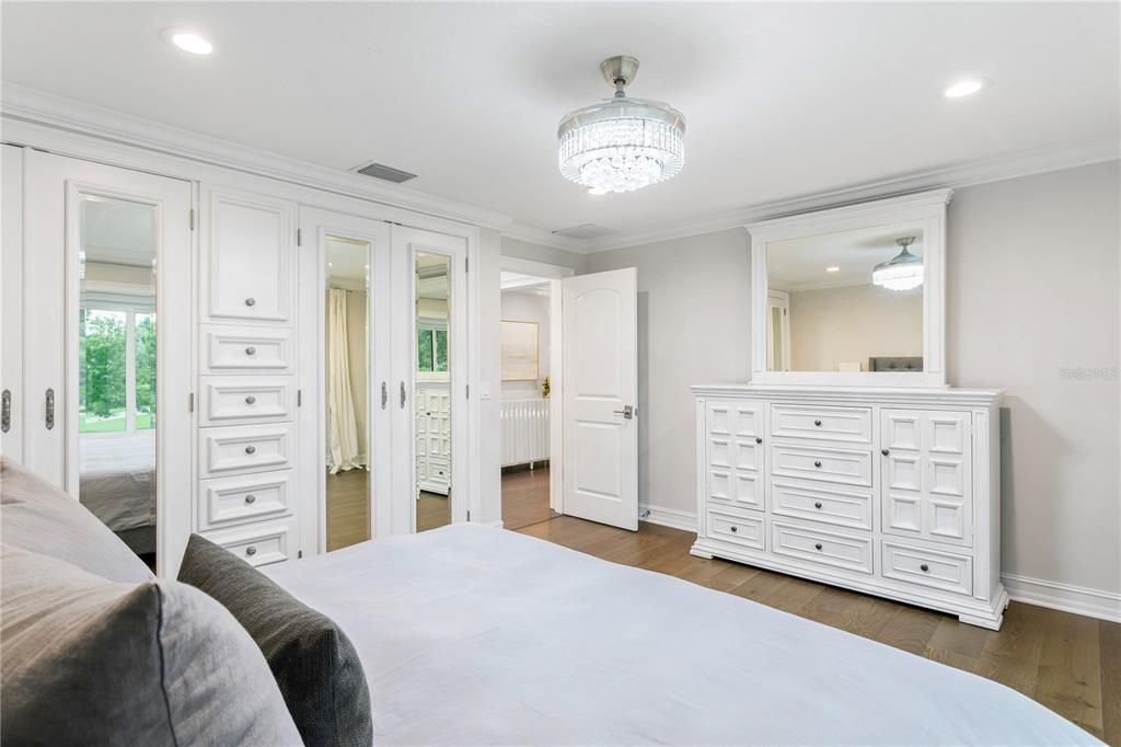 Bedroom, Chandelier, Interior, Recessed Lighting, Wood Texture Flooring