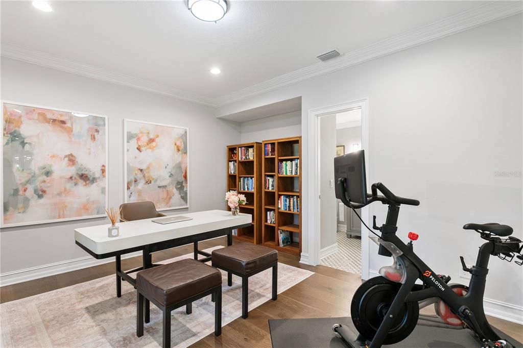 Fitness Equipment, Home Office, Interior, Recessed Lighting, Wood Texture Flooring