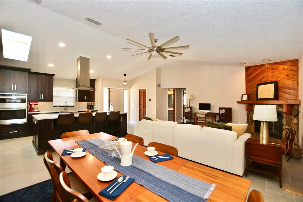 Dining room, Fireplace, Interior, Kitchen, Living room, Pendant Lights, Recessed Lighting, Stainless Steel Appliances