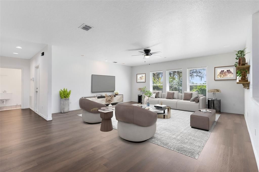 Interior, Living room, Recessed Lighting, Wood Texture Flooring