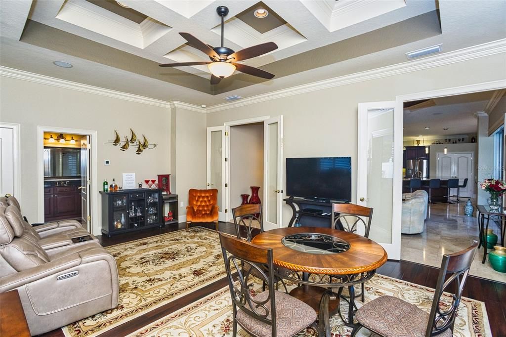 Home Theatre Room, Dining room, Interior, Living room, Recessed Lighting, Wood Texture Flooring